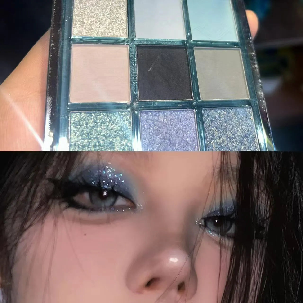 MUGELEEN nine-colour eye shadow palette showing matte, shimmer and diamond debris textures in cool tones