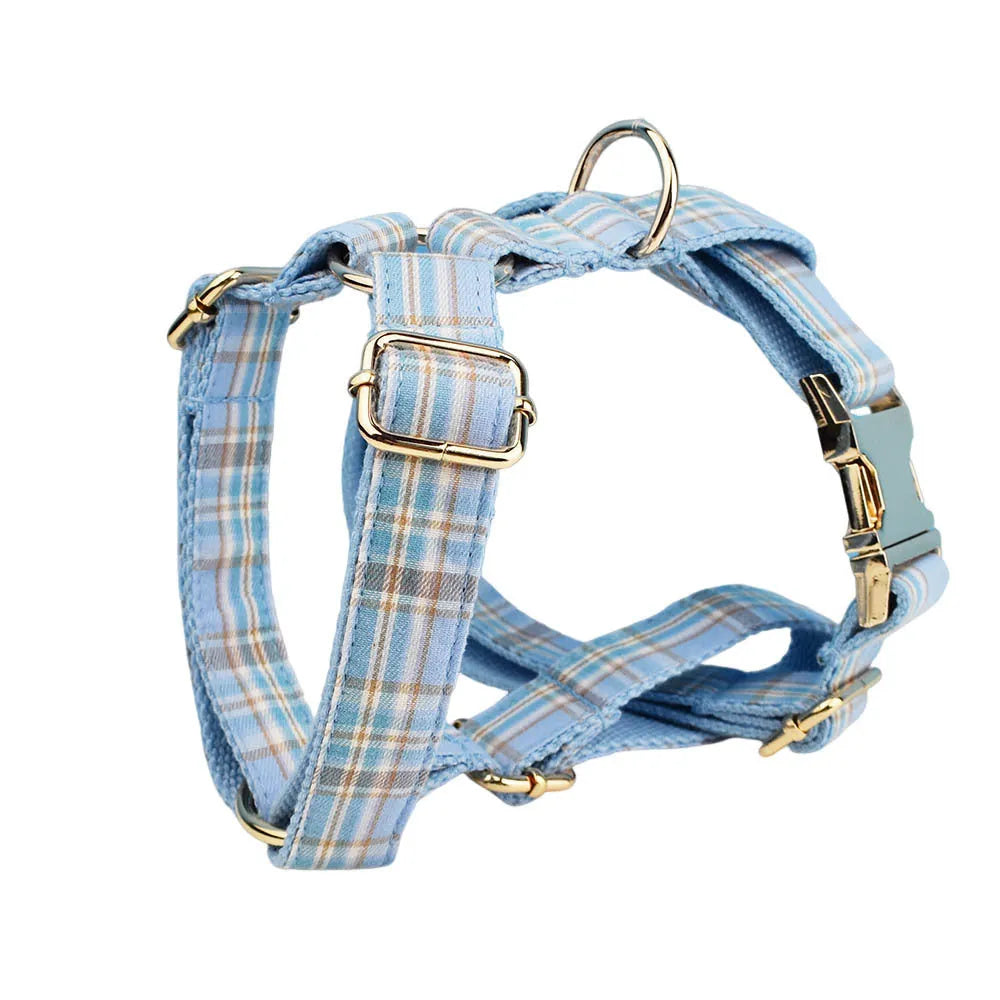 Sky blue grid pattern cloth dog collar and leash set with matching vest and bow tie