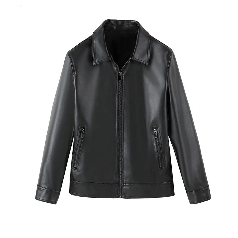 Men's black loose-fit casual PU leather jacket with zip pockets.