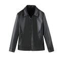 Men's black loose-fit casual PU leather jacket with zip pockets.
