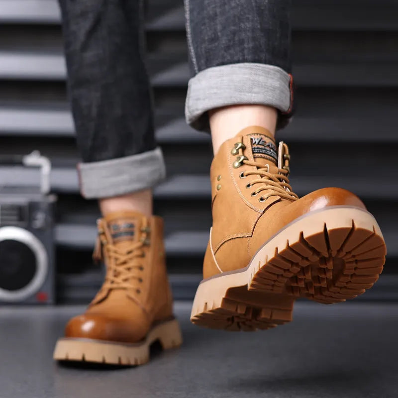 Men's brown leather high-top boots with side zip and mid heel