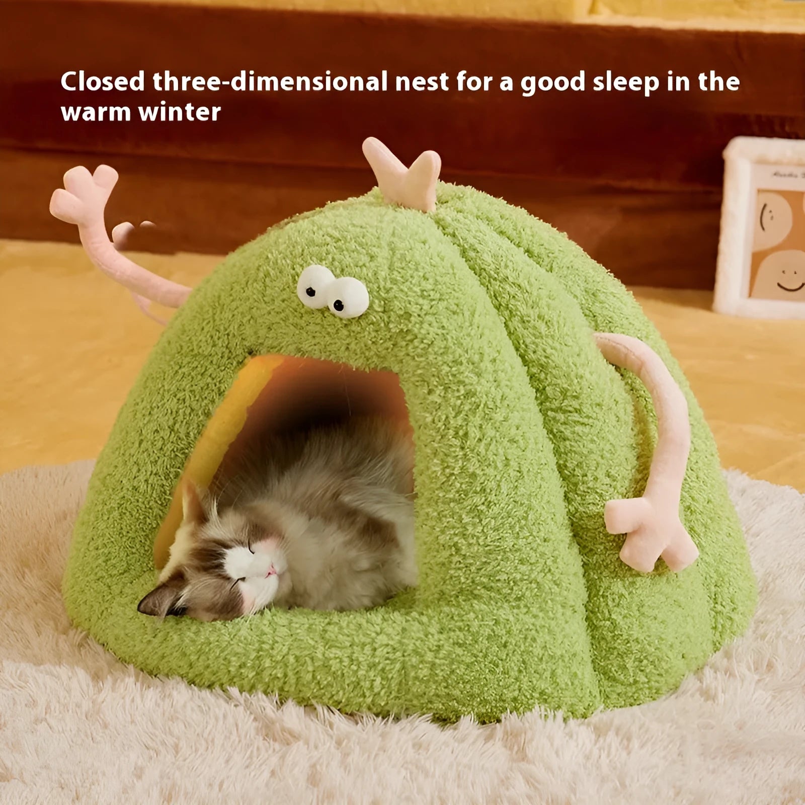 Monster-shaped semi-enclosed cat kennel pet bed in PP cotton bubble velvet fabric