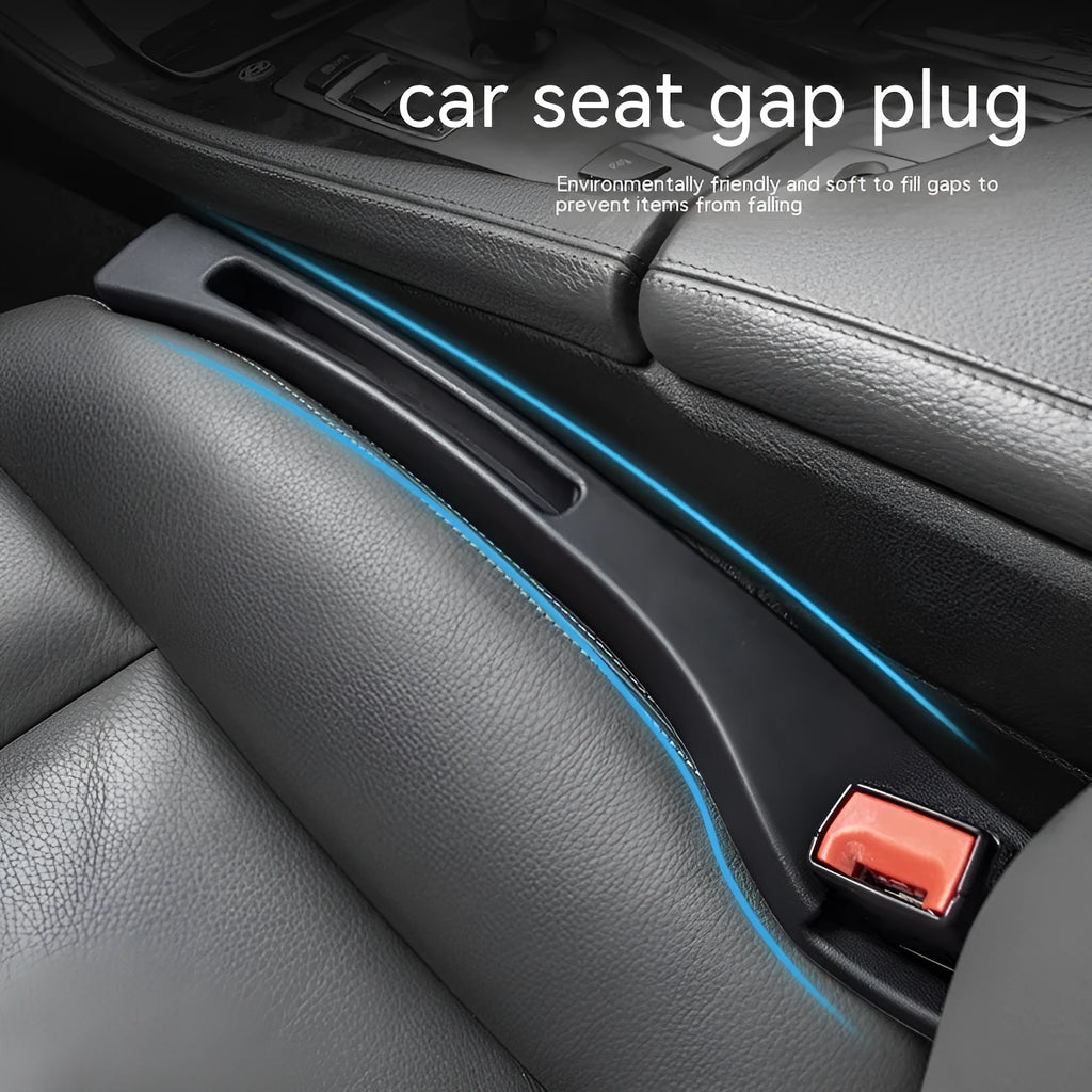 Black car seat gap storage box organiser with handle placed between vehicle seats