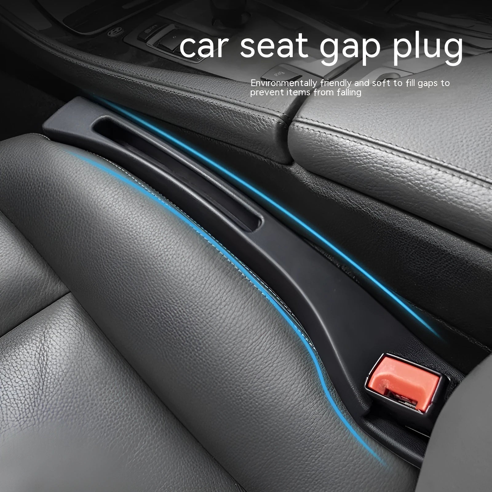 Black car seat gap storage box organiser with handle placed between vehicle seats