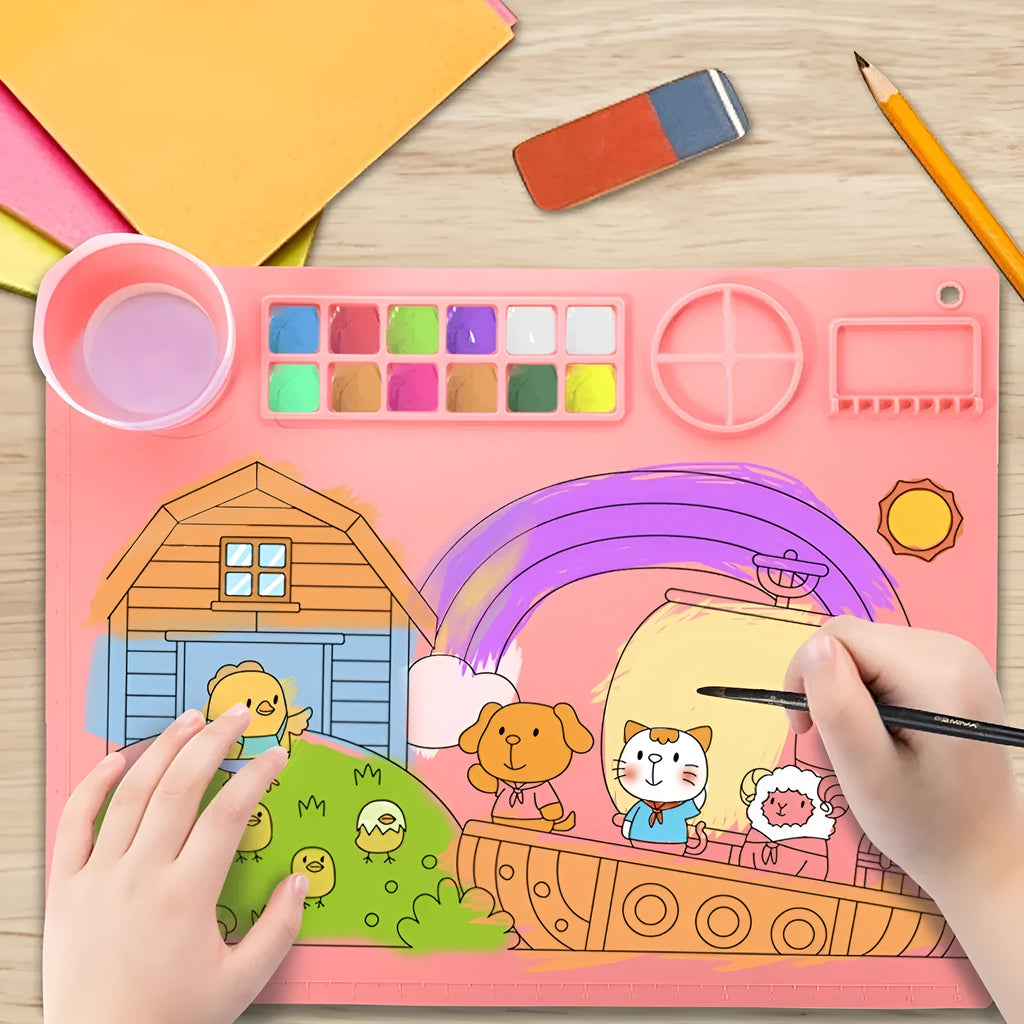Silicone double bowl painting mat in green, measuring 50cm by 40cm, for watercolour and graffiti art.