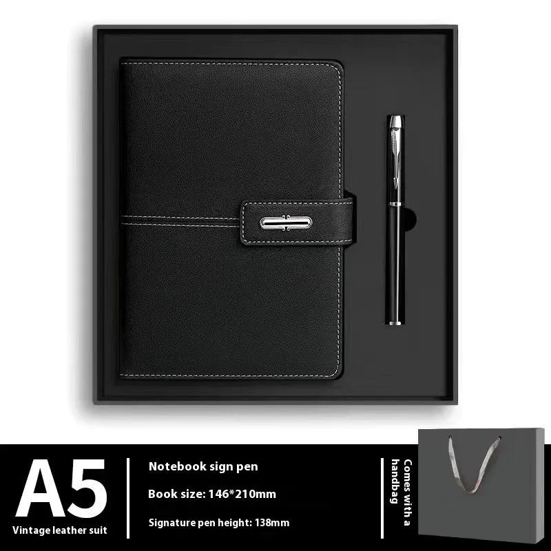 A5 size notebook with PU leather cover in various colours, showing wood-free paper inside.