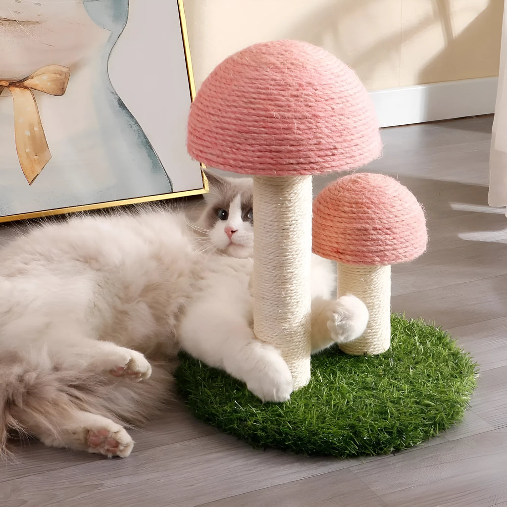 Pink mushroom-shaped cat scratching post with sisal caps for small cats