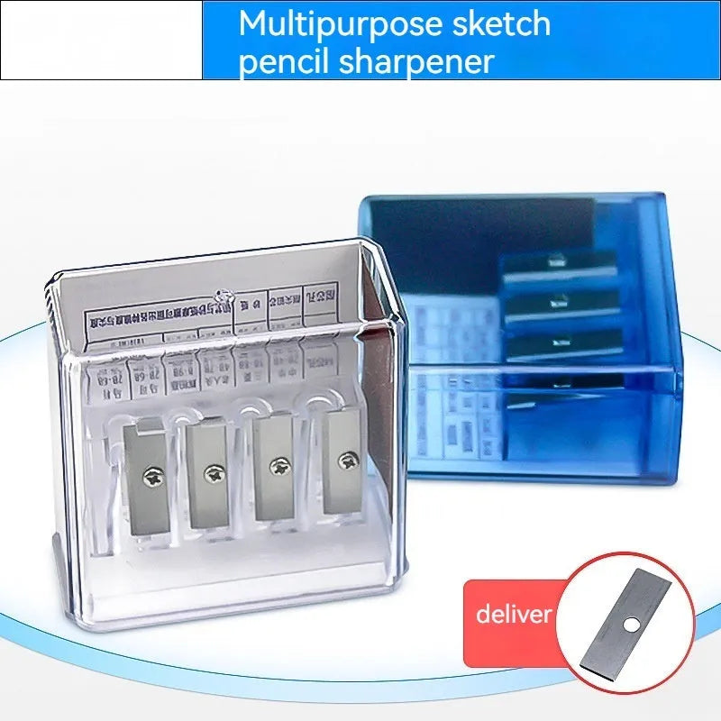 Geometric shaped plastic pencil sharpener with four distinct sharpening holes.