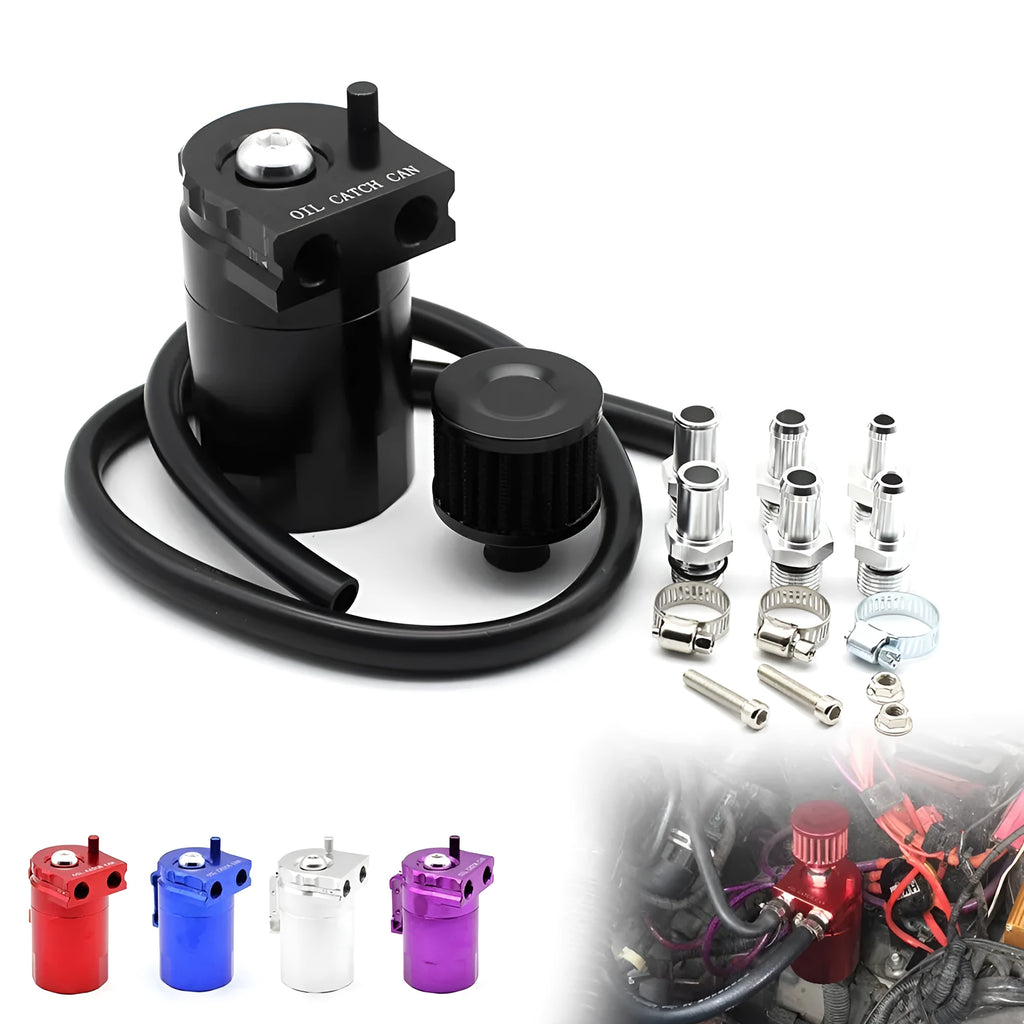 Aluminium alloy engine oil breather pot with air filter in choice of black, blue, red, or silver.