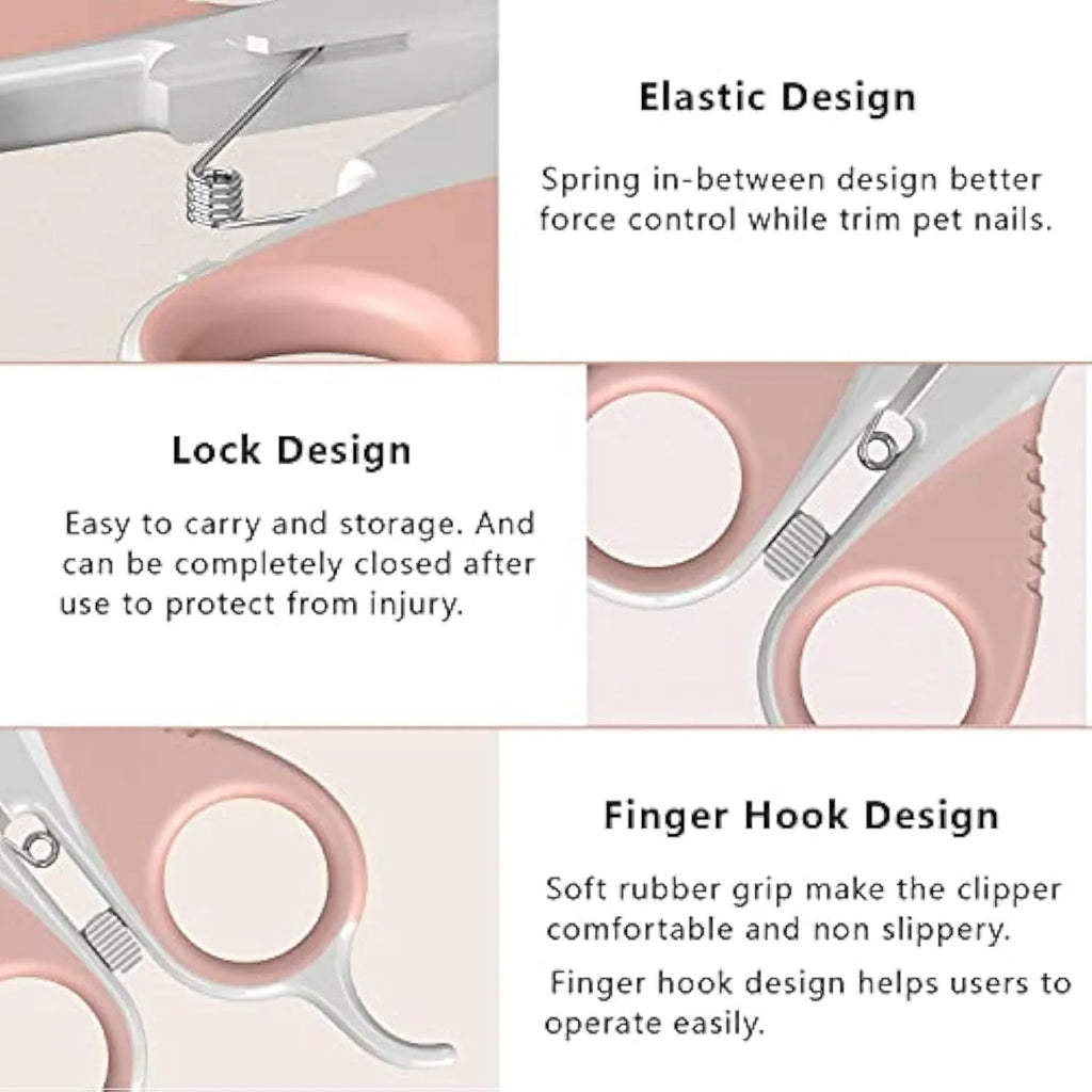 Grey and pink cat nail clippers with safety guard and angled blade for small pets