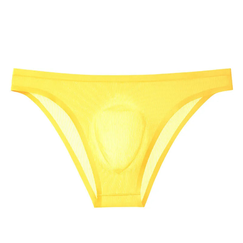 Translucent ice silk men's seamless briefs in striped patterns showing low waist design
