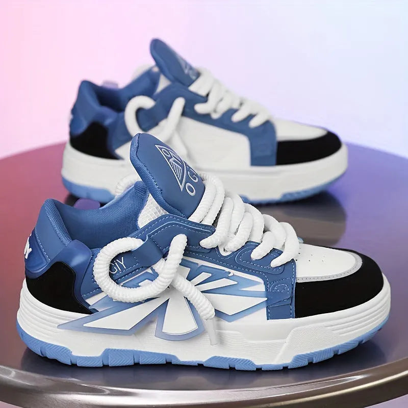 Men's white Harajuku chunky sneakers with thick rubber sole and synthetic leather upper.