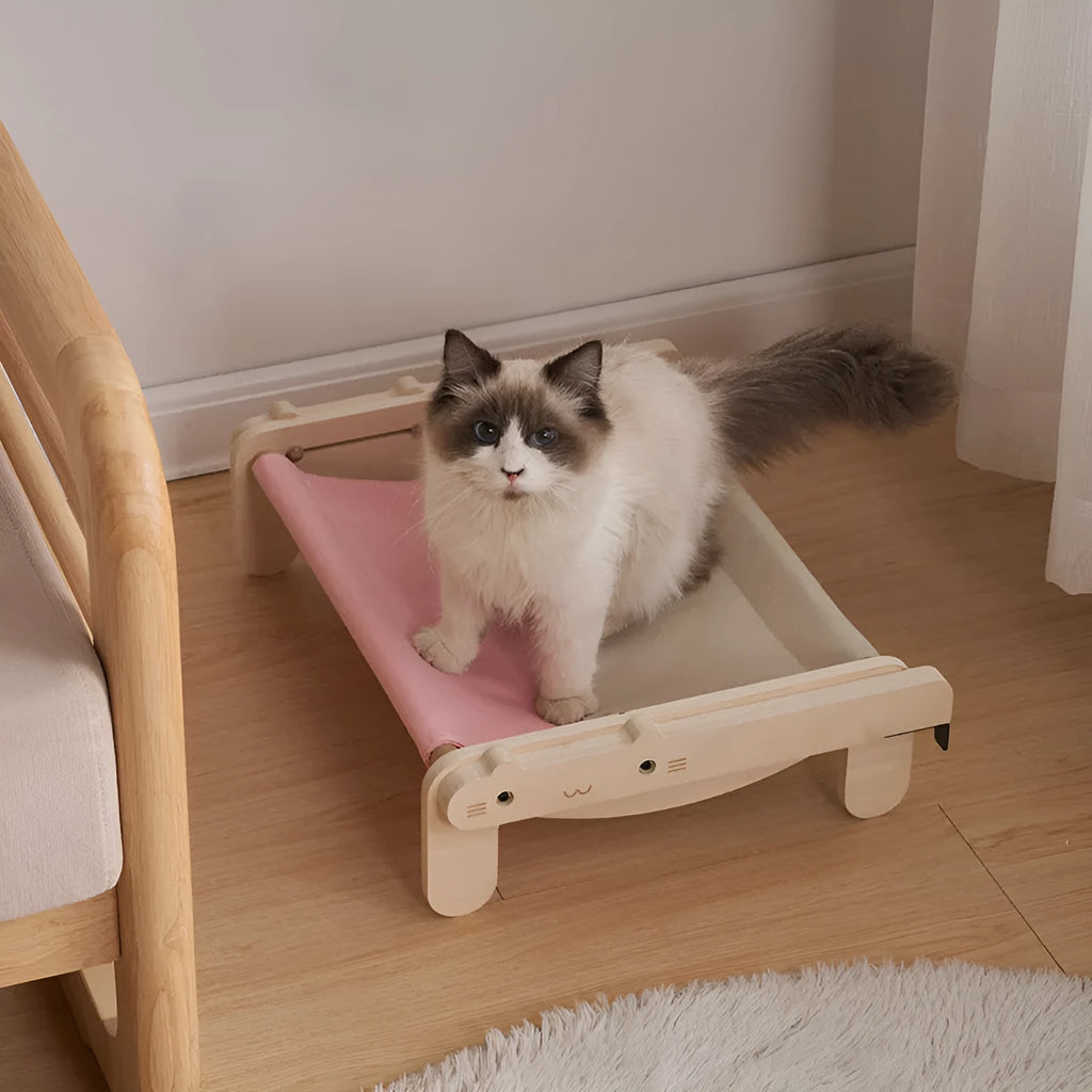Solid wood cat bed with removable cover in grey blue colour option