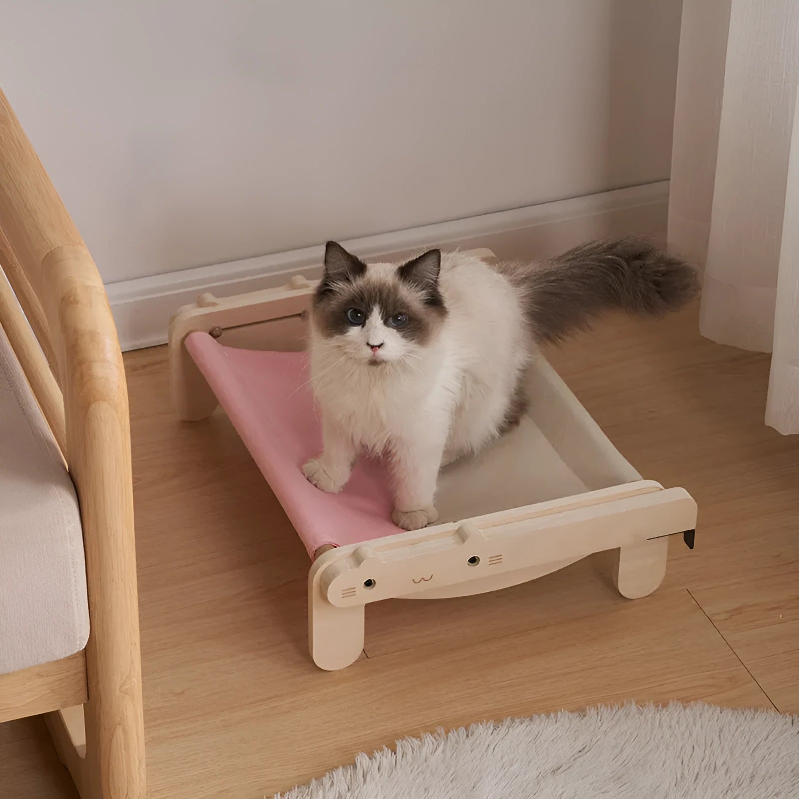 Solid wood cat bed with removable cover in grey blue colour option