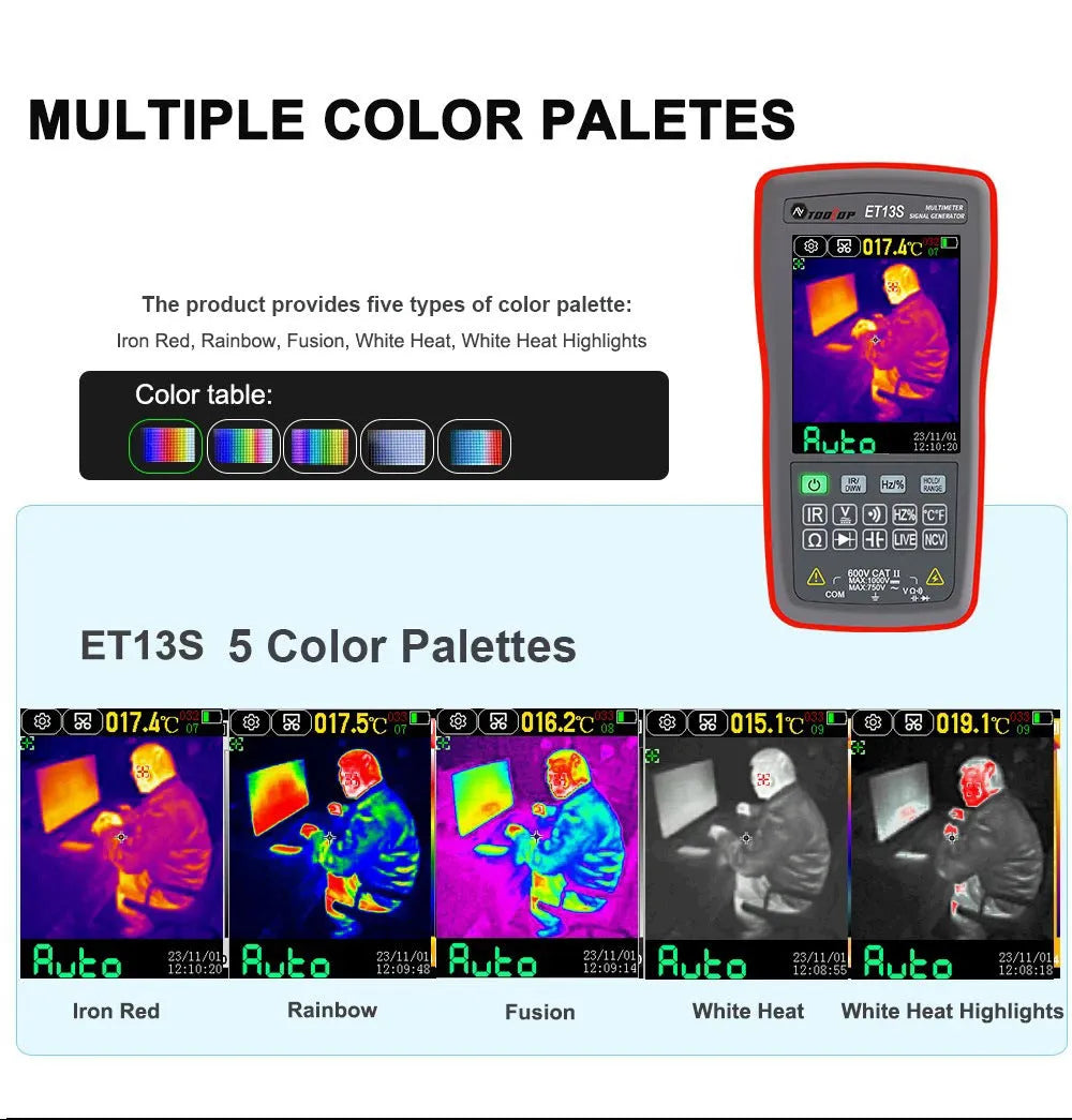 ET13S thermal imaging multimeter showing infrared display and electrical measurement functions on 2.8 inch touchscreen