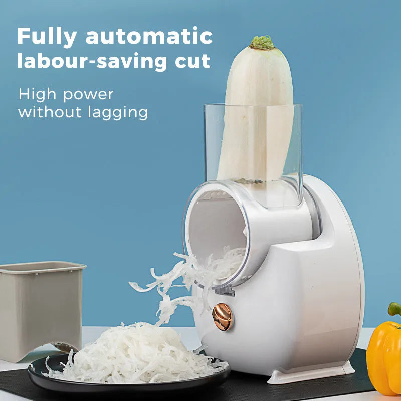 White electric vegetable slicer with rotary cutting mechanism and suction base for kitchen use