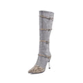 Women's grey knee-high high-heel boots with a 9cm heel and velvet lining on a white background.