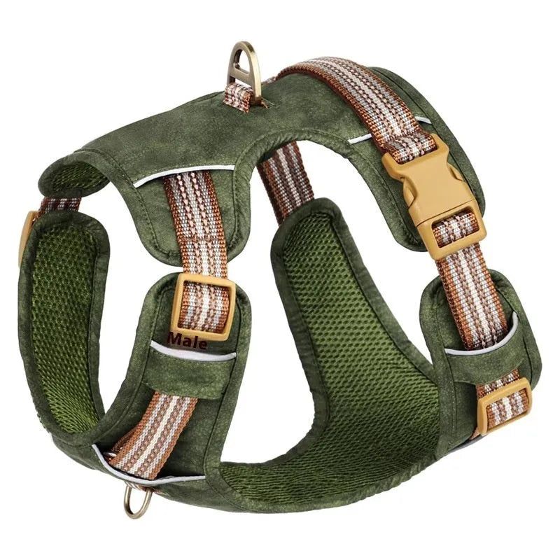 Retro-style brown leather pet harness with reflective strips on a dog.