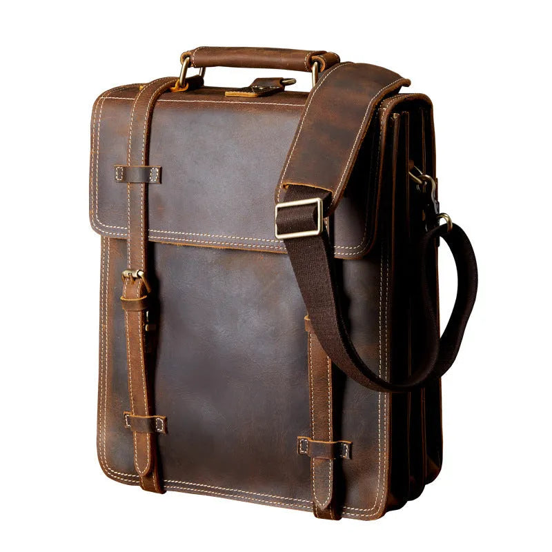 Brown first layer cowhide leather backpack with curved straps and dacron lining, 40x30x10cm