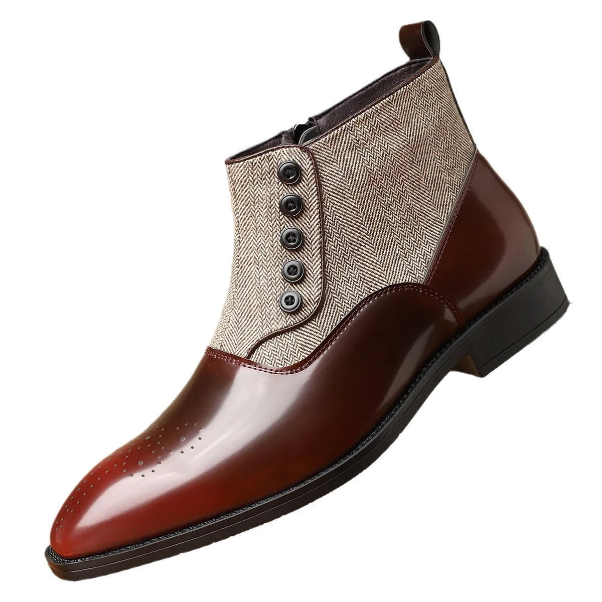 Men's brown retro formal leather shoes with square toe, side zip, and low square heel on a rubber sole.
