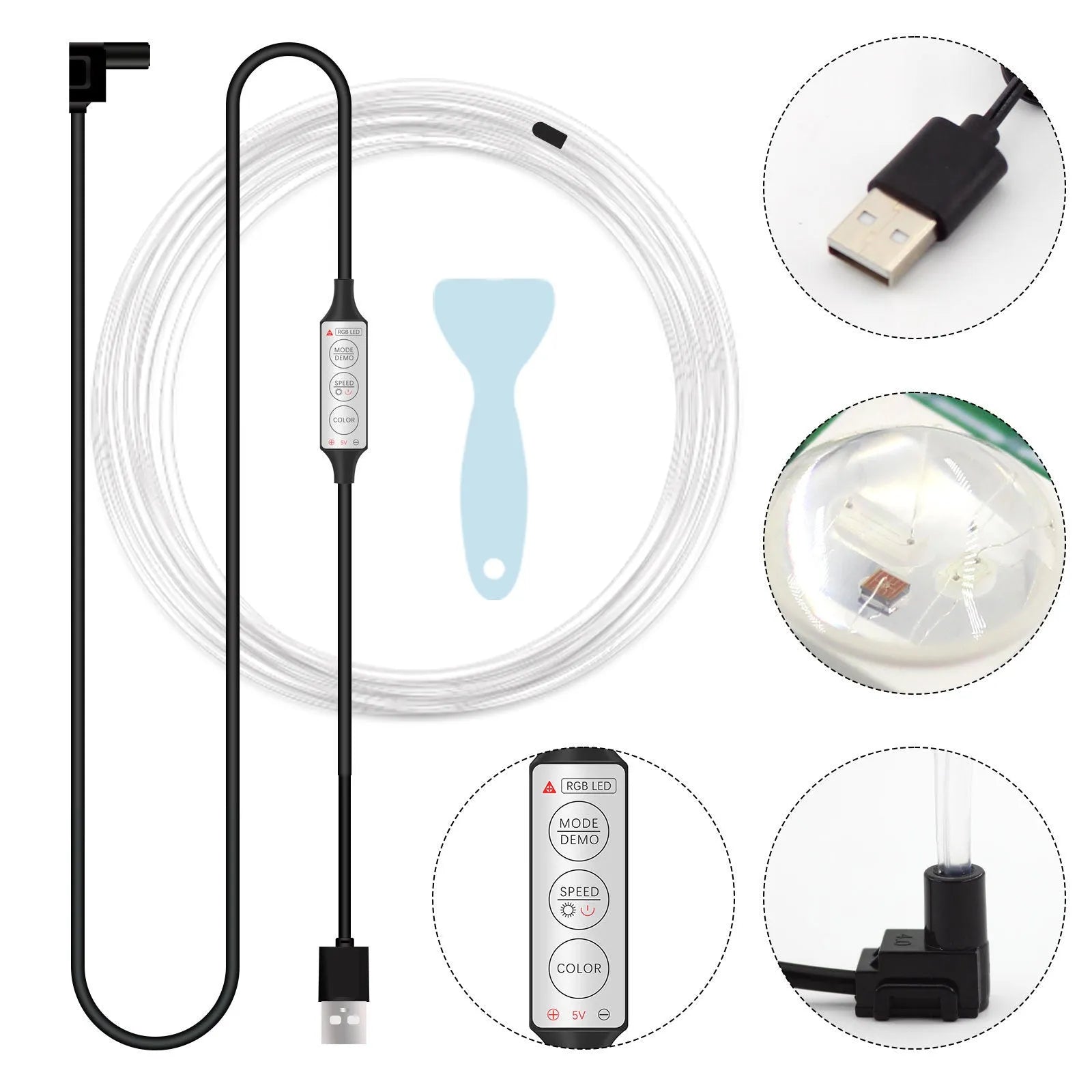 USB car interior LED light strip with wireless controller showing RGB colourful lighting