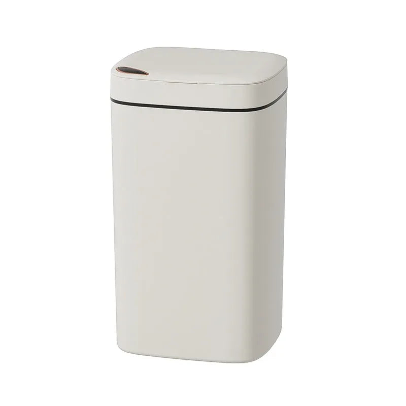 Square white automatic induction kitchen bin with sensor lid open, showing interior.