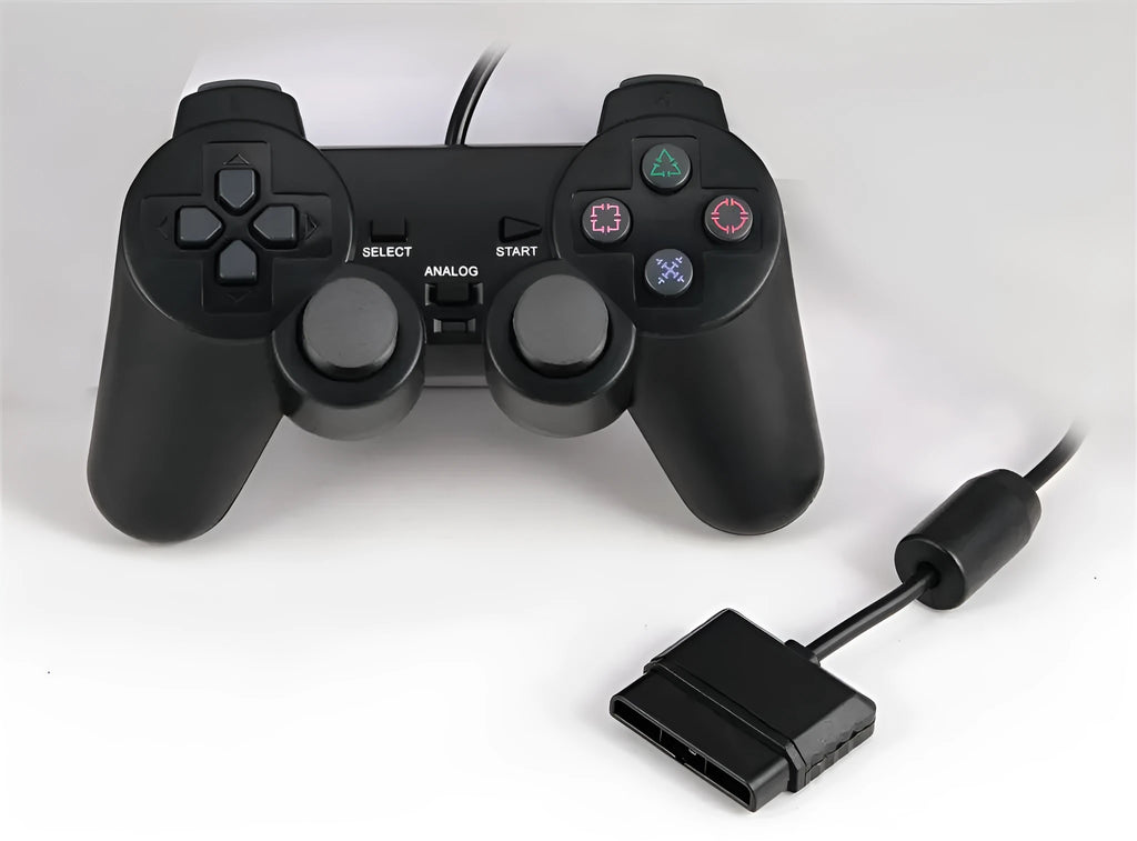 PS2 wired game controller with USB cable, shown in bare metal colour finish