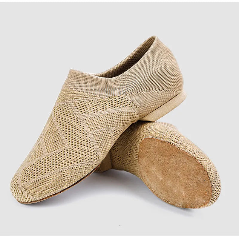 Camel coloured Latin dance shoes with cotton mesh upper and leather sole