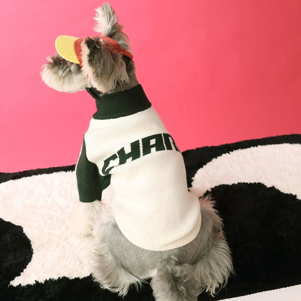 Wool dog sports cardigan sweater in dark green or red on canine model
