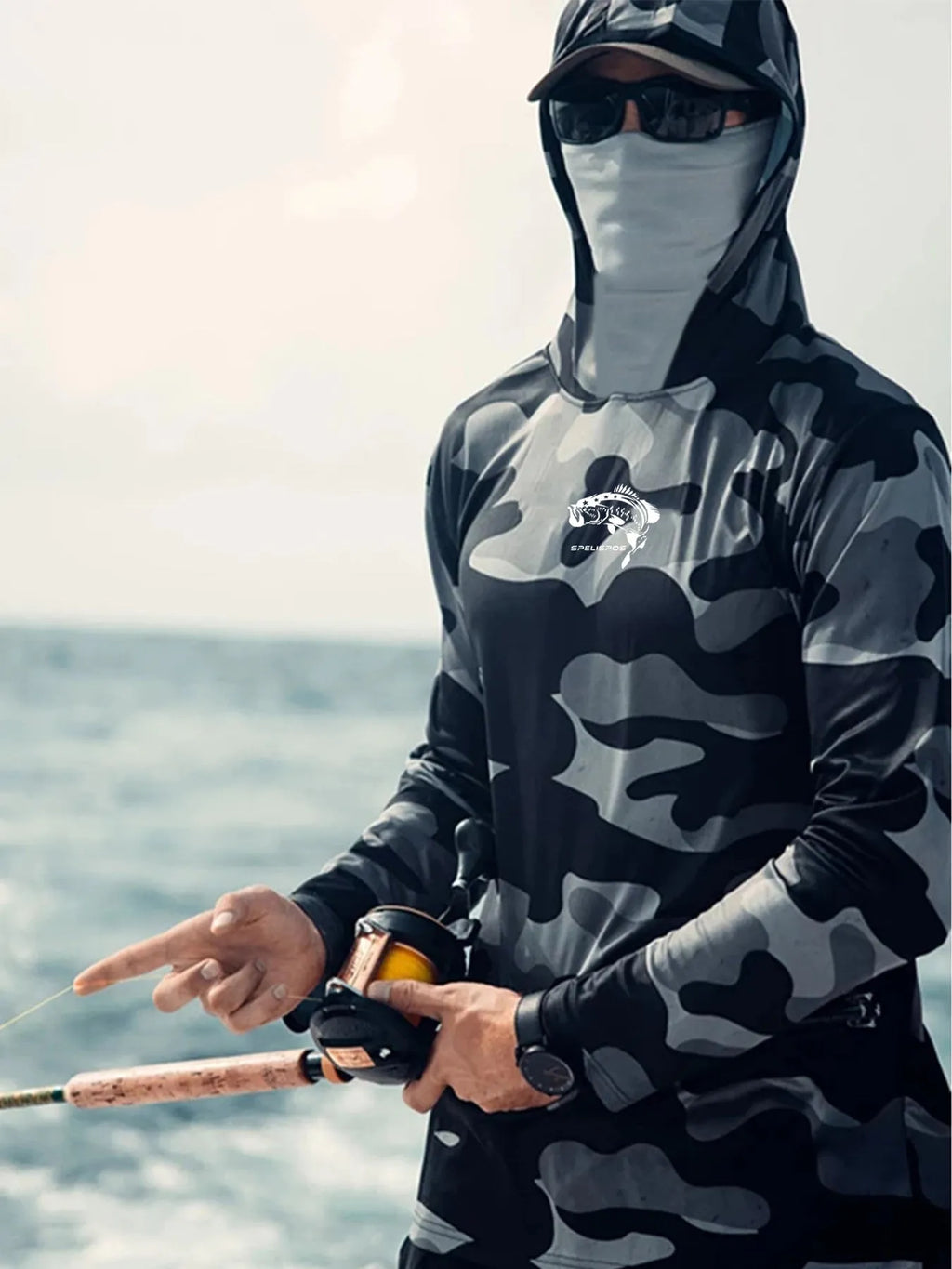 Huk men's grey long sleeve fishing shirt with mesh side panels and crew neck.