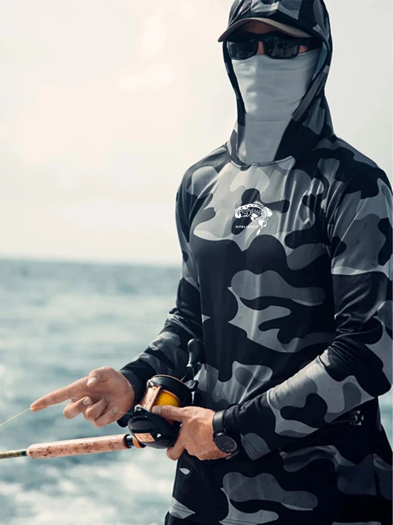 Huk men's grey long sleeve fishing shirt with mesh side panels and crew neck.