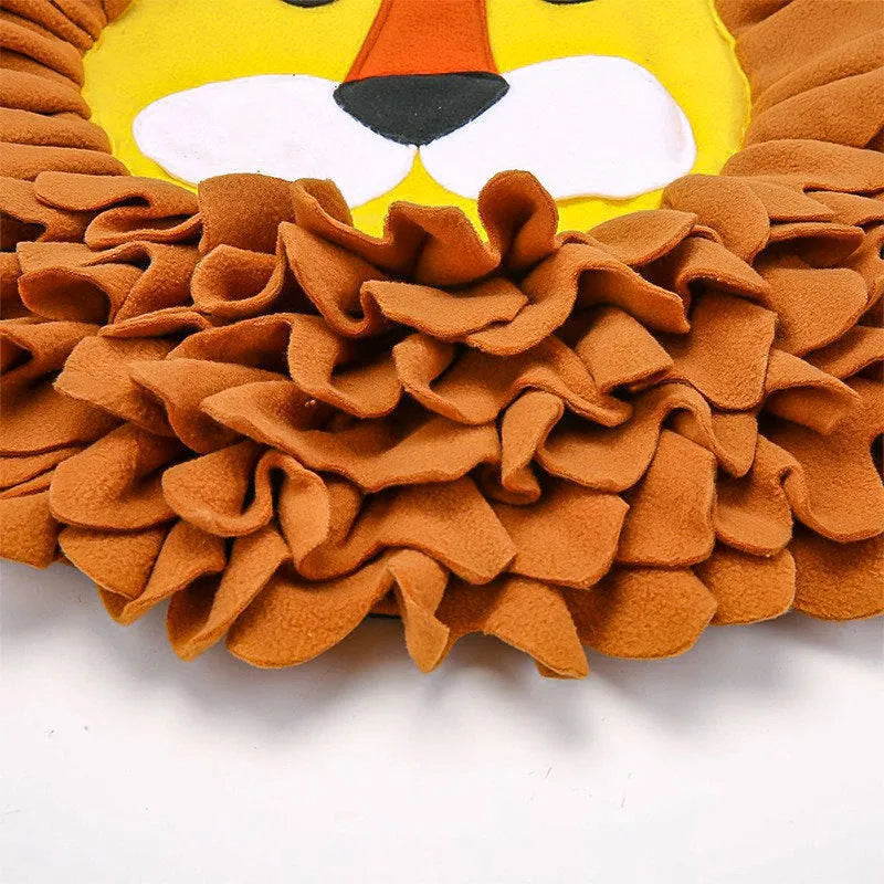 Brown lion-shaped sniffing pad for dogs and cats with textured surface for food hiding