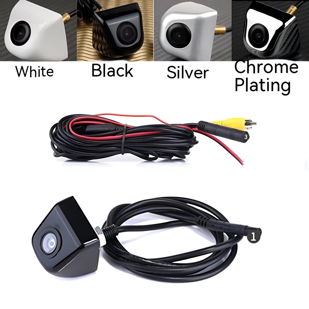 Black metal waterproof car rearview camera with lens and integrated cable for parking assistance.