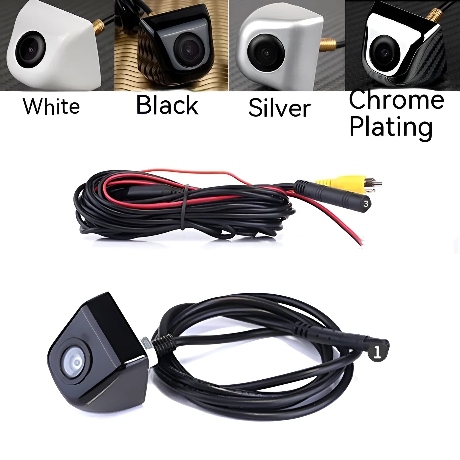Black metal waterproof car rearview camera with lens and integrated cable for parking assistance.