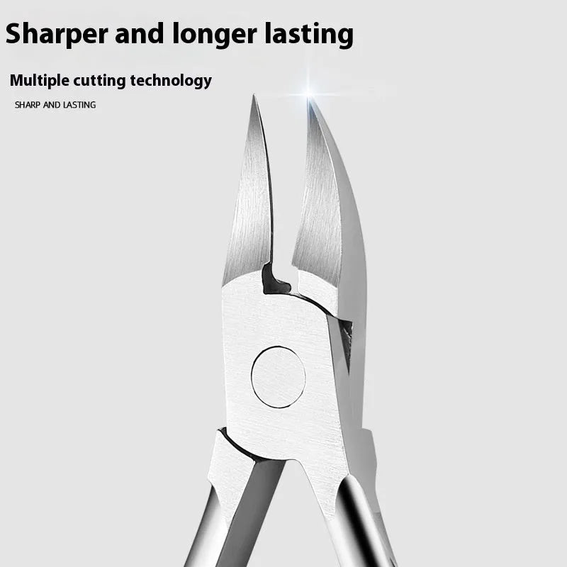 Coloured nail clippers with a visible angled bevel groove on the cutting head.