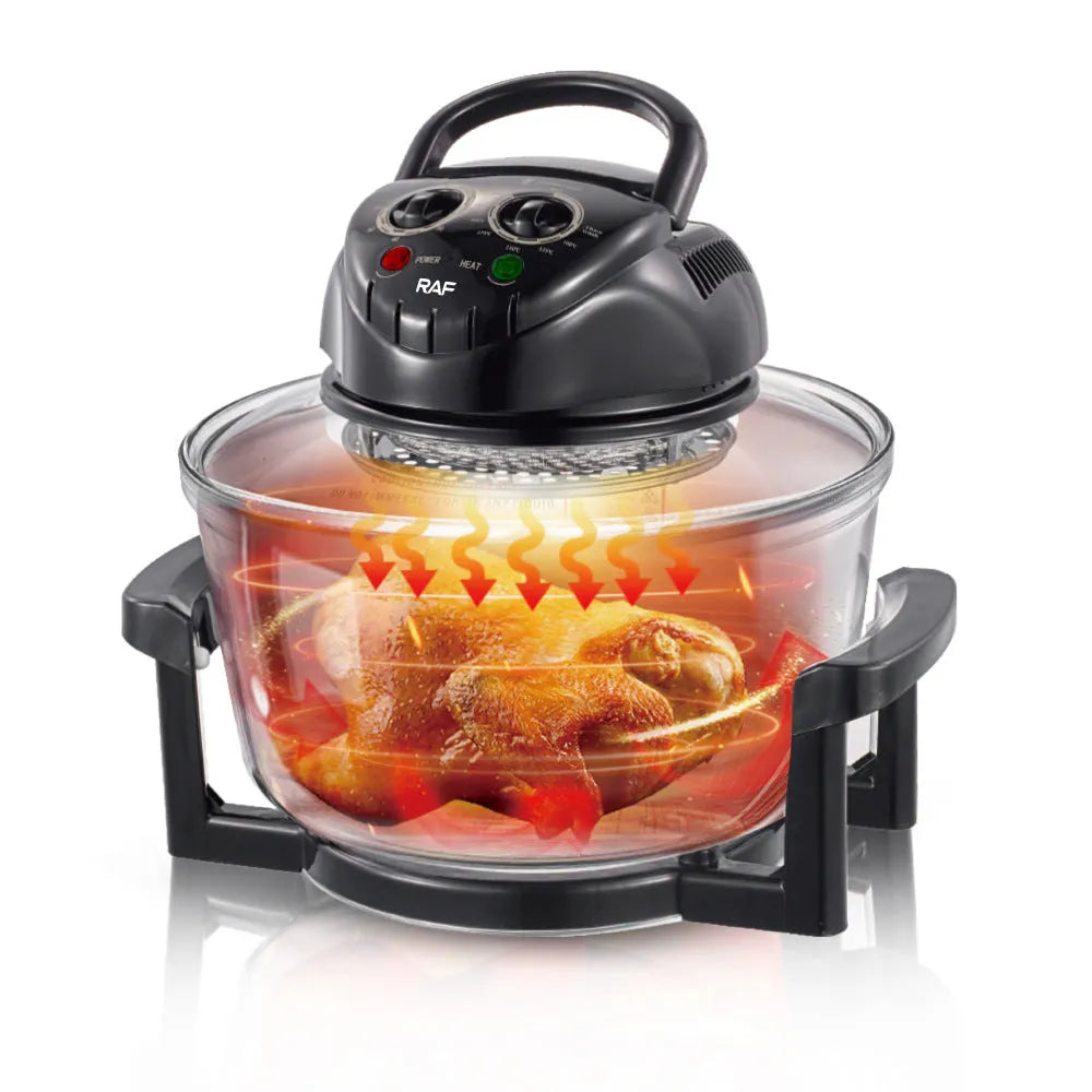 Multi-functional air fryer with visual window, touch panel, black plastic body, EU plug, 1200W convection heating