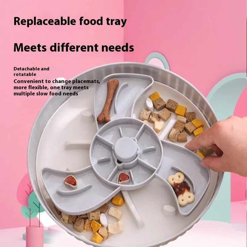 Pet food bowl with rotating game board and silicone anti-choke pad in multiple colour options