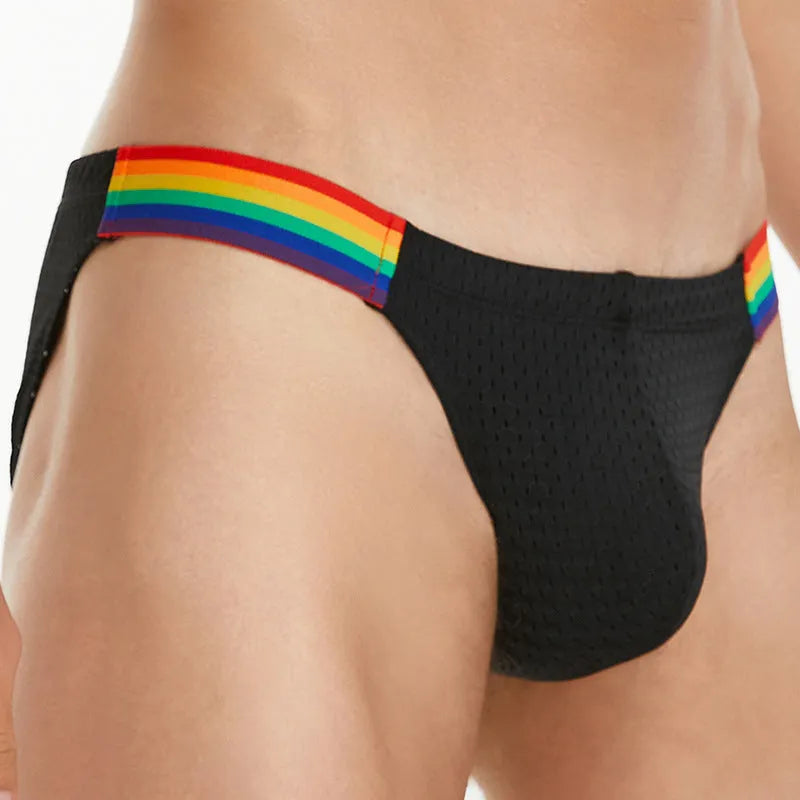 Men's low waist nylon mesh briefs with rainbow waistband in black, white and dark blue colour options