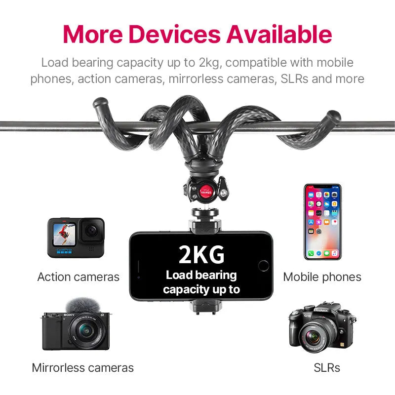 Black FT01 octopus tripod with flexible legs and a silver mobile phone clip attached, extended to 360mm.
