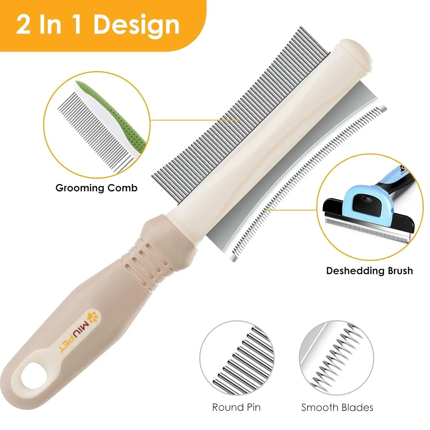 White double-sided pet grooming brush showing comb and deshedding sides, measuring 230mm