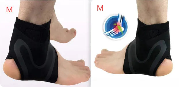 Ankle support brace showing right and left foot sizing options for sports protection
