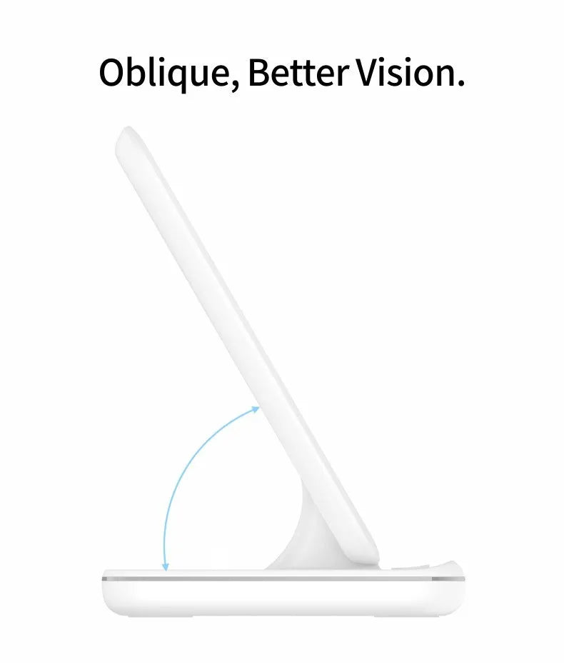 White three-in-one desktop wireless charging stand for mobile phone, smartwatch, and wireless earbuds.