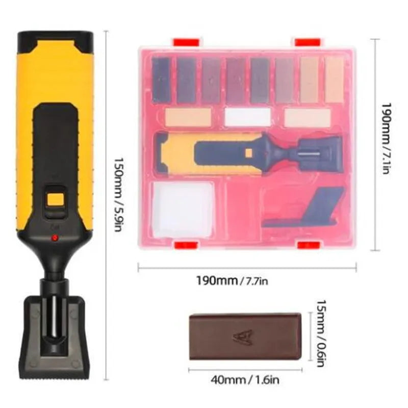 Floor repair tool set for DIY tile repair with red or yellow handles and wax components