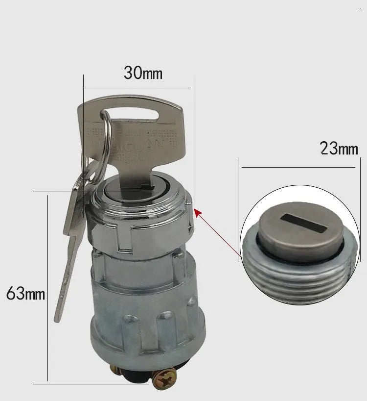 Copper ignition lock switch with key for trucks and forklifts, JK423 model.