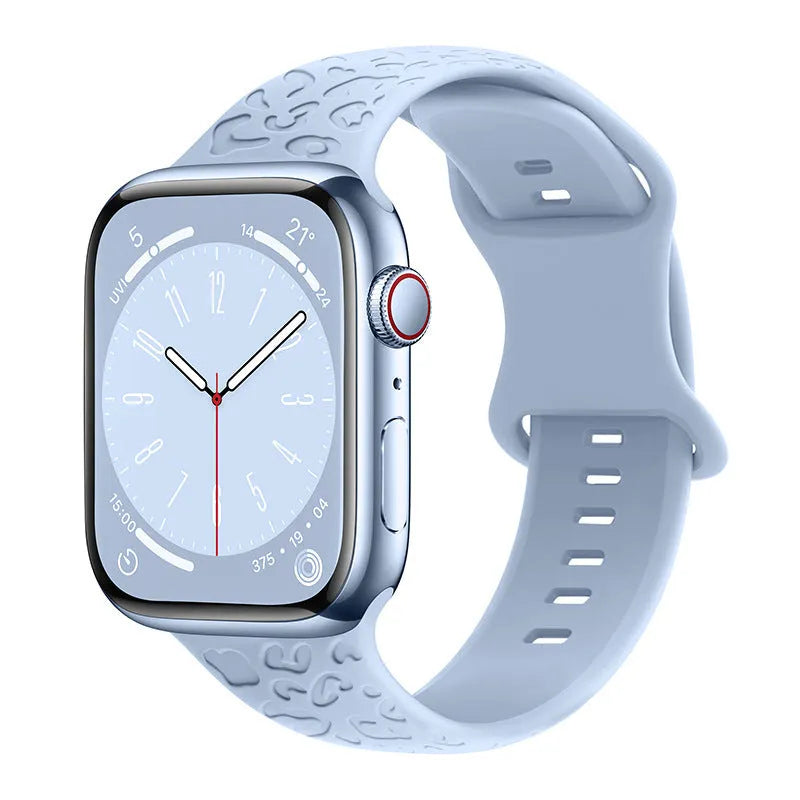Silicone watch strap for Apple Watch with leopard print pattern, 8-word buckle, universal fit 38-49mm