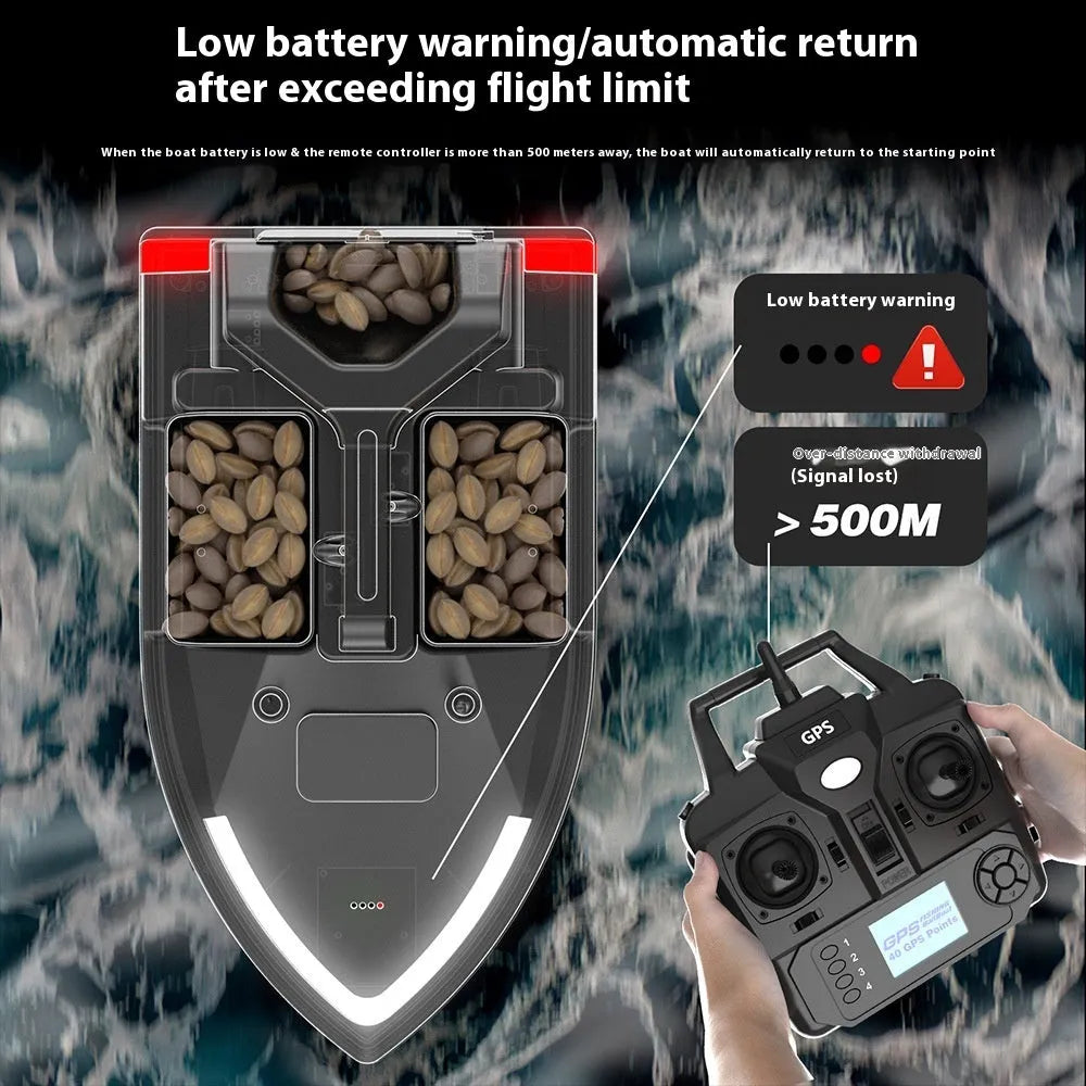 Black GPS remote control fishing boat with antenna and LED light on a calm lake.