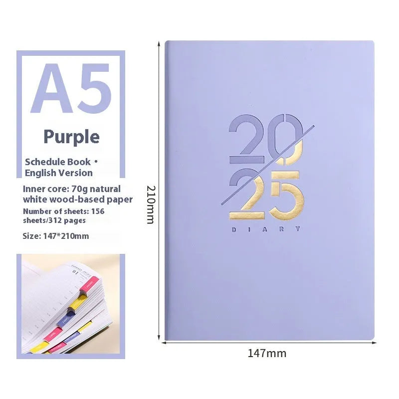 A5 daily schedule book with soft faux leather cover in various colours including pink, yellow, purple, blue and green