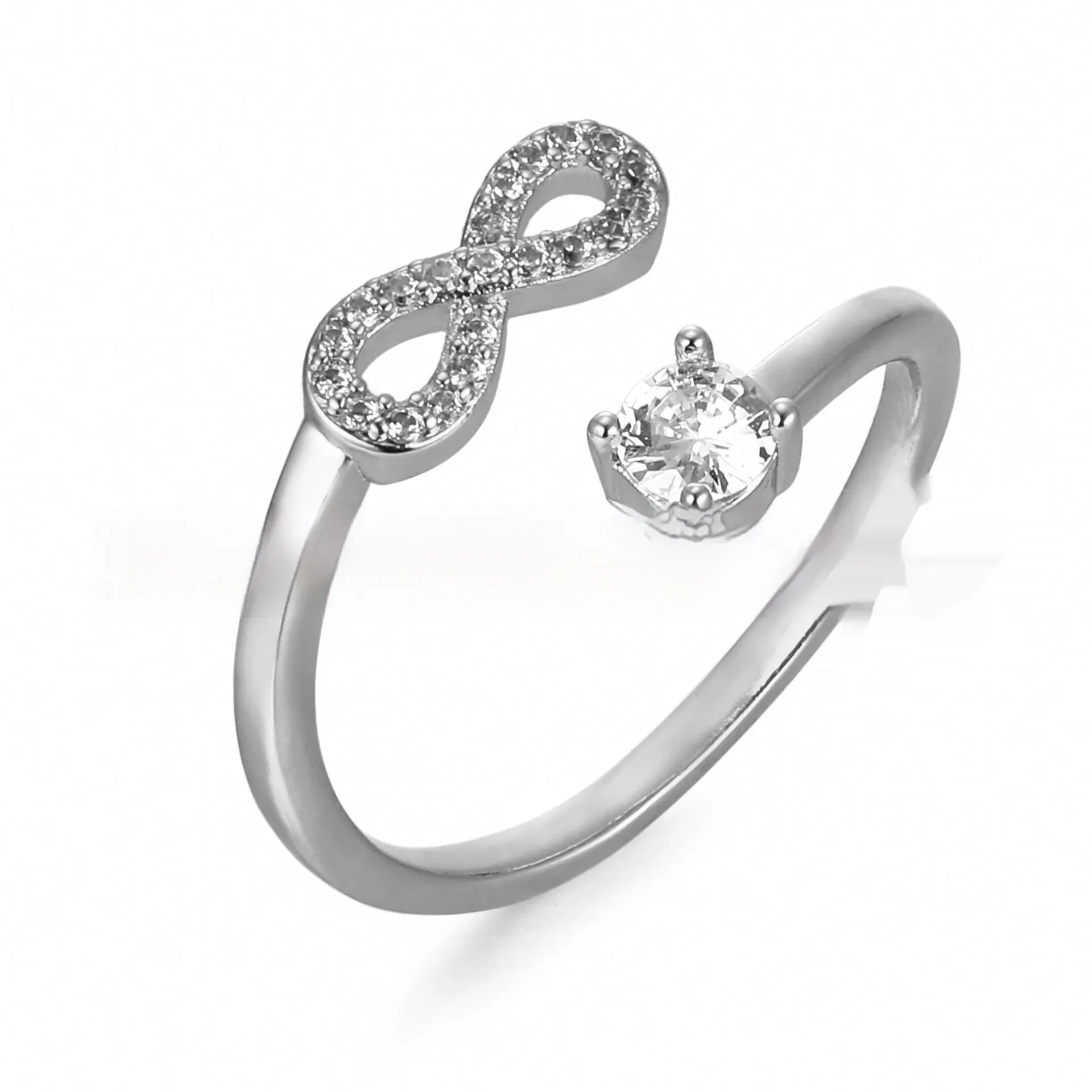 Geometric open band ring with engraved letter and zircon inlays in gold, rose gold, or silver finish