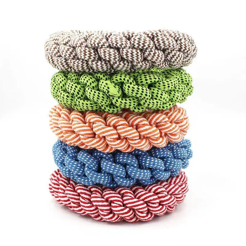18cm diameter cotton braided ring pet toy in random colour with textured knot design