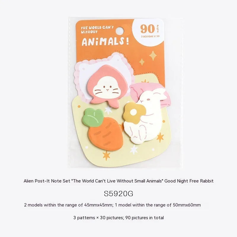 Animal-shaped sticky note set showing six cute designs including bunny, kitten, puppy and sea otter themes